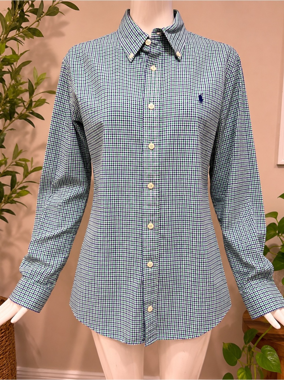 Men’s Ralph Lauren Custom Fit Gingham Button Down Shirt Green Blue M/M